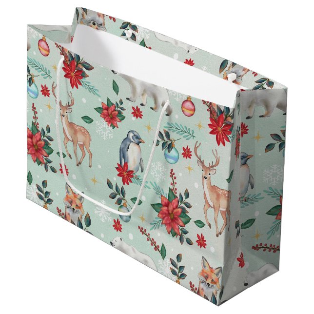 Winter Florest Animals Christmas Pattern Large Gift Bag (Front Angled)