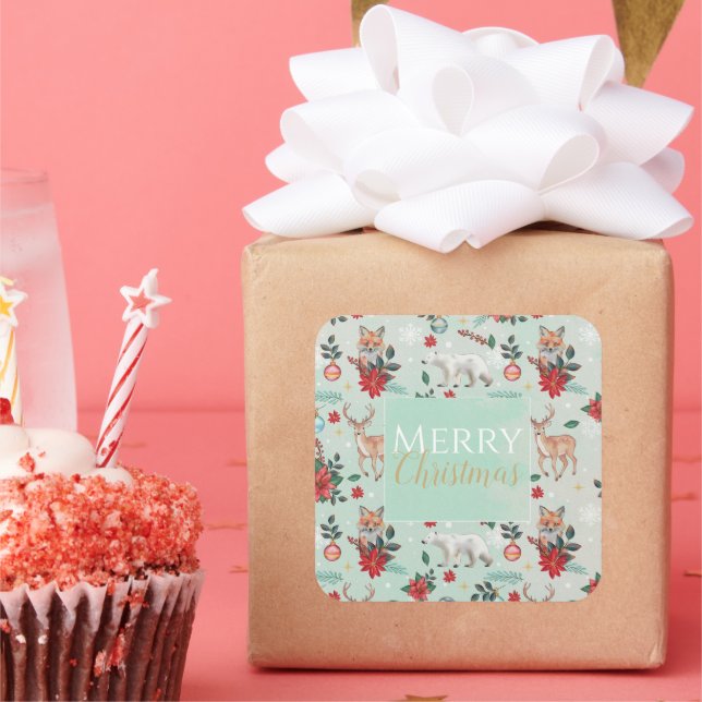 Winter Florest Animals Christmas Pattern Square Sticker (Party)