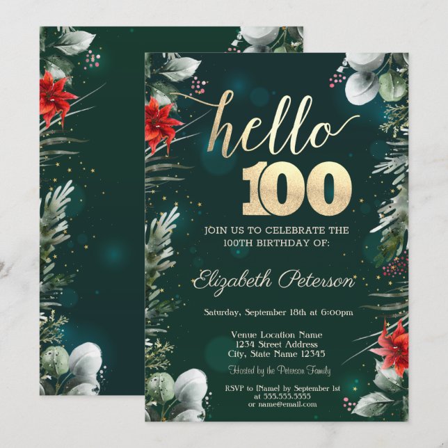Winter Flower Poinsettia Green 100th Birthday Invitation (Front/Back)
