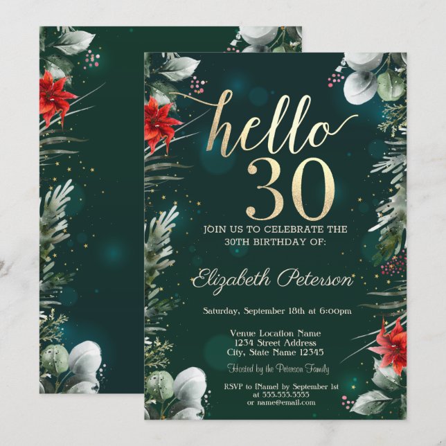 Winter Flower Poinsettia Green 30th Birthday Invitation (Front/Back)