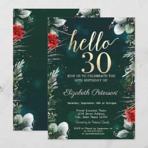 Winter Flower Poinsettia Green 30th Birthday Invitation