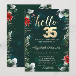 Winter Flower Poinsettia Green 35th Birthday Invitation