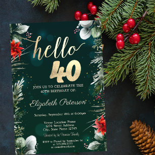Winter Flower Poinsettia Green 40th Birthday Invitation