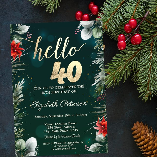 Winter Flower Poinsettia Green 40th Birthday Invitation (Creator Uploaded)