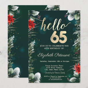 Winter Flower Poinsettia Green 65th Birthday Invitation