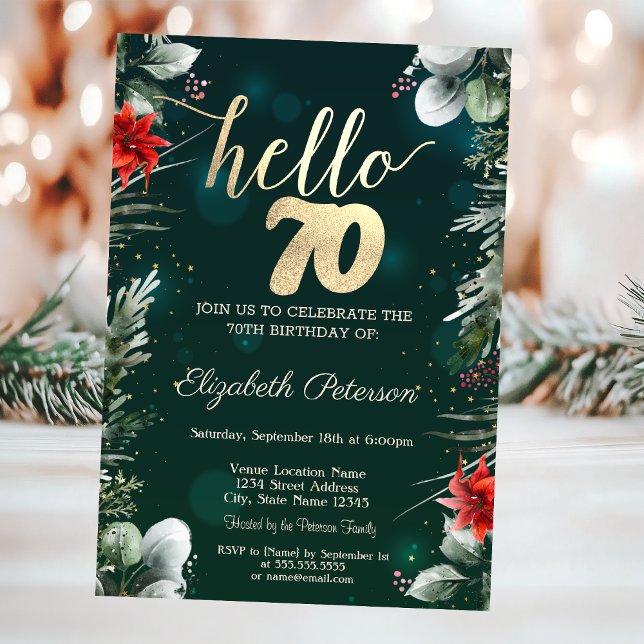 Winter Flower Poinsettia Green 70th Birthday Invitation (Creator Uploaded)