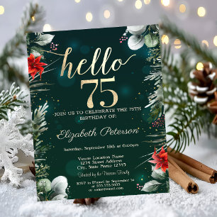 Winter Flower Poinsettia Green 75th Birthday Invitation
