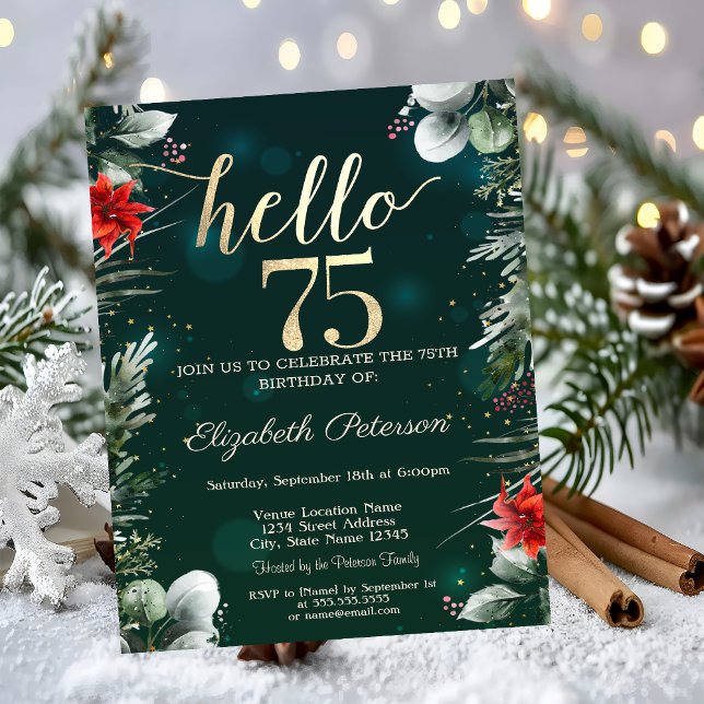 Winter Flower Poinsettia Green 75th Birthday Invitation (Creator Uploaded)