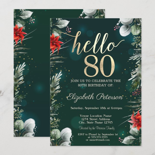 Winter Flower Poinsettia Green 80th Birthday Invitation (Front/Back)