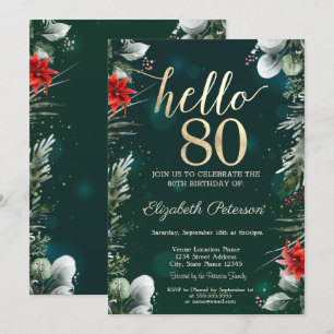 Winter Flower Poinsettia Green 80th Birthday Invitation