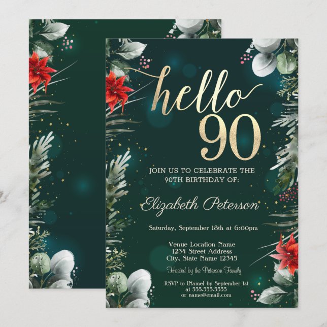 Winter Flower Poinsettia Green 90th Birthday Invitation (Front/Back)