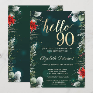 Winter Flower Poinsettia Green 90th Birthday Invitation