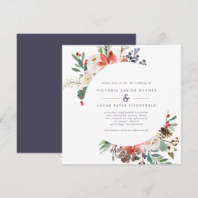 Winter Flowers and Berries Red and Navy Wedding Invitation (Front/Back)