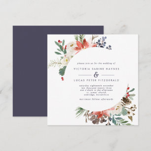 Winter Flowers and Berries Red and Navy Wedding Invitation