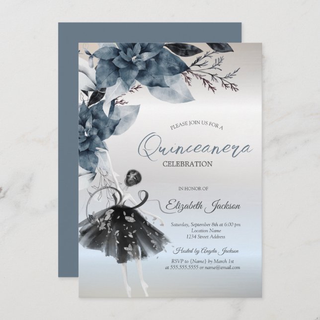  Winter Flowers Ballerina Silver Quinceanera Invitation (Front/Back)