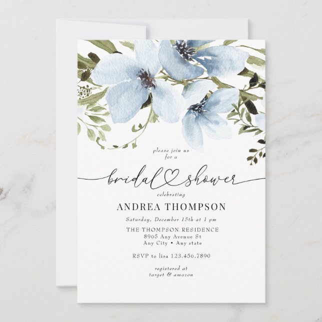 Winter Flowers | Blue Bridal Shower Invitation (Front)