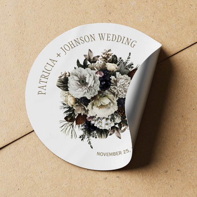 Winter flowers bouquet elegant chic wedding classic round sticker (Creator Uploaded)