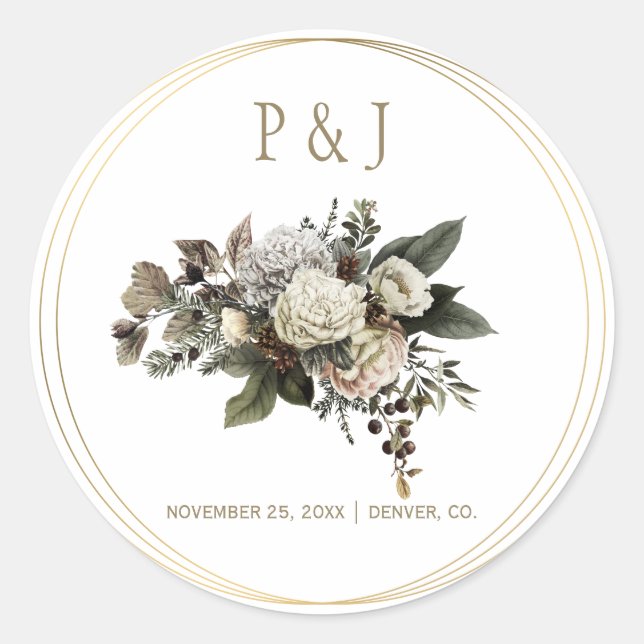 Winter flowers bouquet wedding monogrammed classic round sticker (Front)