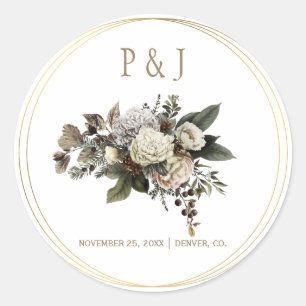 Winter flowers bouquet wedding monogrammed classic round sticker