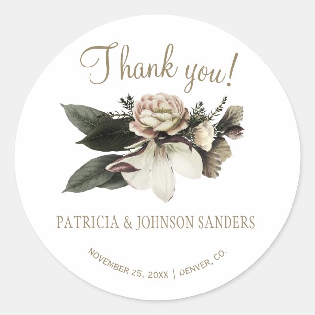 Winter flowers bouquet wedding thank you classic round sticker (Front)