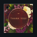 Winter flowers burgundy gold wedding thank you favour tags<br><div class="desc">Classy glamourous gold copper simple modern typography wedding thank you favour tag with two little gold copper hearts on a dark red wine burgundy antique distressed velvet circle against a vintage botanical purple plum and ivory cream floral bouquet.. Easy to personalise with your text! Ideal for stylish formal blacktie business...</div>