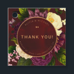 Winter flowers burgundy gold wedding thank you favour tags<br><div class="desc">Classy glamourous gold copper simple modern typography wedding thank you favour tag with two little gold copper hearts on a dark red wine burgundy antique distressed velvet circle against a vintage botanical purple plum and ivory cream floral bouquet.. Easy to personalise with your text! Ideal for stylish formal blacktie business...</div>