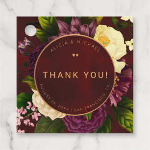 Winter flowers burgundy gold wedding thank you favour tags