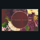 Winter flowers burgundy gold wedding thank you rectangular sticker<br><div class="desc">Classy glamourous gold copper simple modern typography wedding thank you sticker with two little gold copper hearts on a dark red wine burgundy antique distressed velvet against a vintage botanical puple plum and ivory cream floral bouquet. Easy to personalise with your text! Ideal for stylish formal blacktie indoor all seasons...</div>