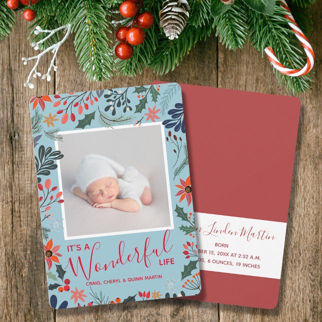 Winter Flowers Christmas Photo Birth Announcements (Winter Flowers Christmas Photo Birth Announcements)
