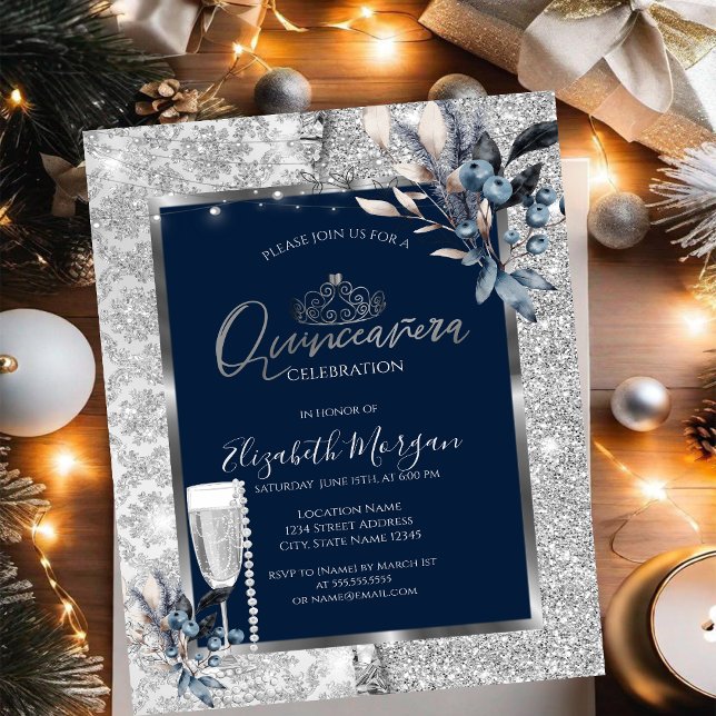 Winter Flowers,Glass Pearls Blue Quinceanera Invitation (Creator Uploaded)
