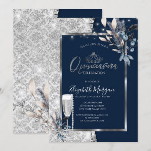 Winter Flowers,Glass Pearls Navy Blue Quinceanera Invitation