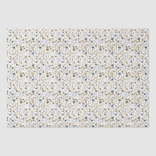 Winter Flowers Gold Blue Tissue Paper (Front)
