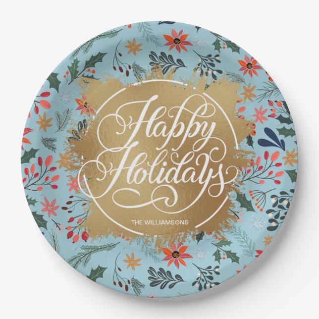 Winter Flowers Gold Faux Foil Happy Holidays Paper Paper Plate (Front)