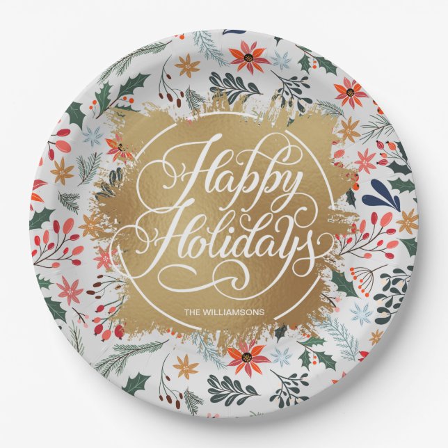 Winter Flowers Gold Faux Foil Happy Holidays Paper Plate (Front)