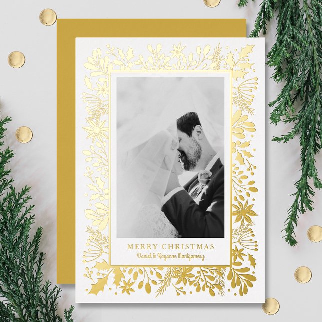 Winter Flowers Greenery Gold Foil Holiday Card (Creator Uploaded)