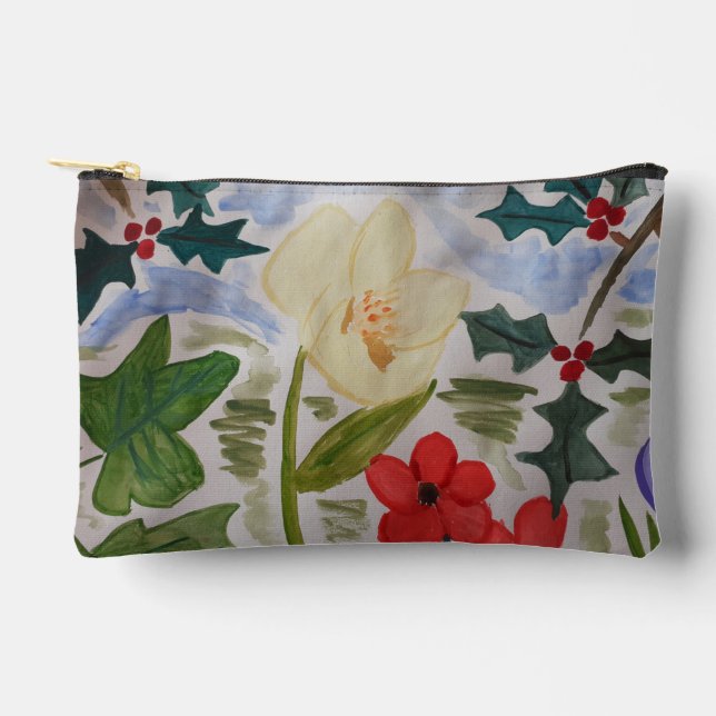 Winter Flowers & Holly Accessory Pouch (Front)