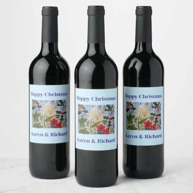 Winter Flowers & Holly Address Wine Label (Bottles)