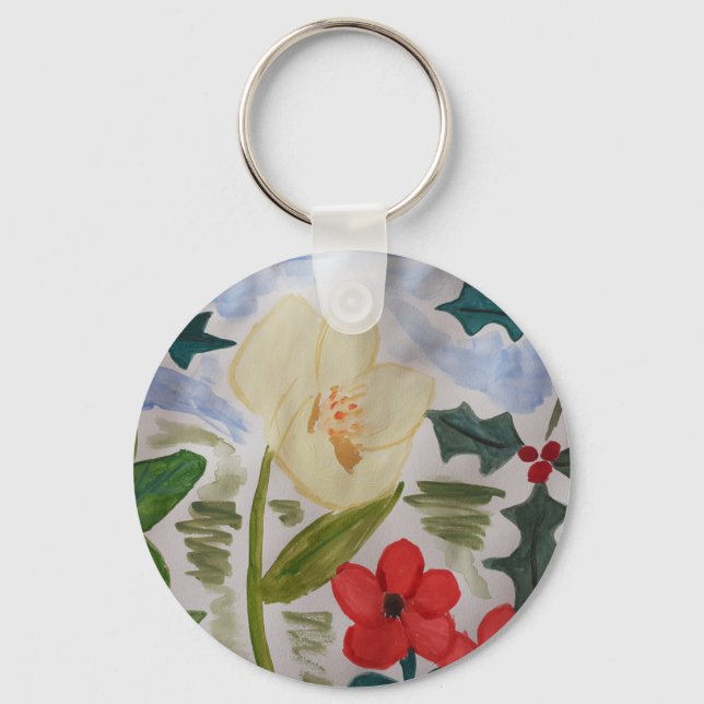 Winter Flowers & Holly Button Key Ring (Front)