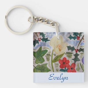Winter Flowers & Holly Christmas  Key Ring