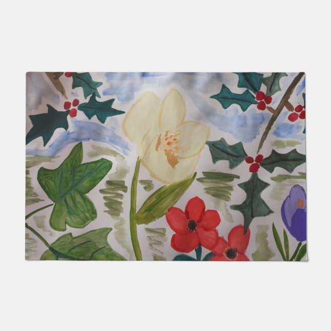 Winter Flowers & Holly Door Mat (Front)