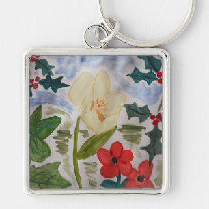 Winter Flowers & Holly Key Ring