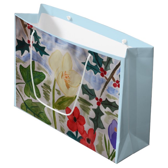 Winter Flowers & Holly Large Gift Bag (Front Angled)