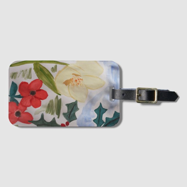 Winter Flowers & Holly Luggage Tag (Front Horizontal)