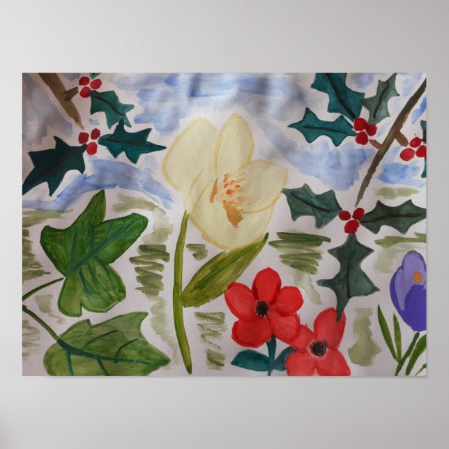 Winter Flowers & Holly Poster (Front)