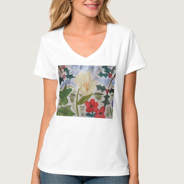 Winter Flowers & Holly  T-Shirt (Front)