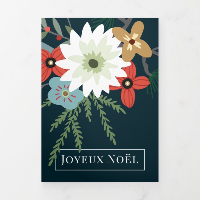 Winter Flowers Joyeux Noël Elegant Christmas Tri-Fold Holiday Card (Cover)