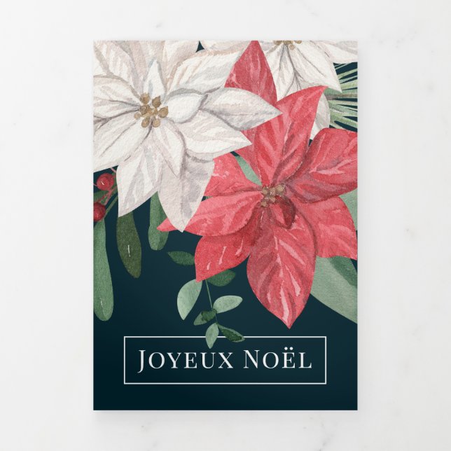 Winter Flowers Joyeux Noël Elegant Christmas Tri-Fold Holiday Card (Cover)