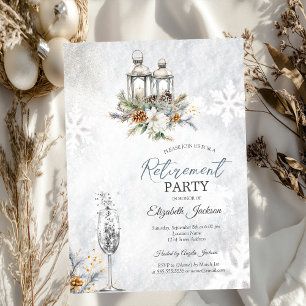 Winter Flowers Lantern Champagne Retirement  Invitation