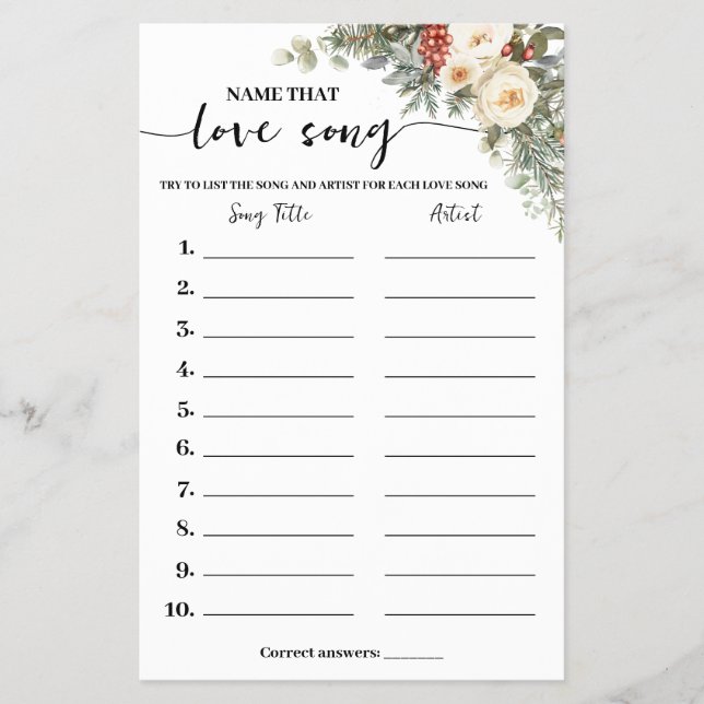 Winter Flowers Name Love Song Shower Game Card (Front)