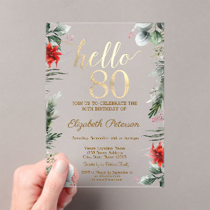 Winter Flowers Poinsettia 80th Birthday Acrylic Invitations